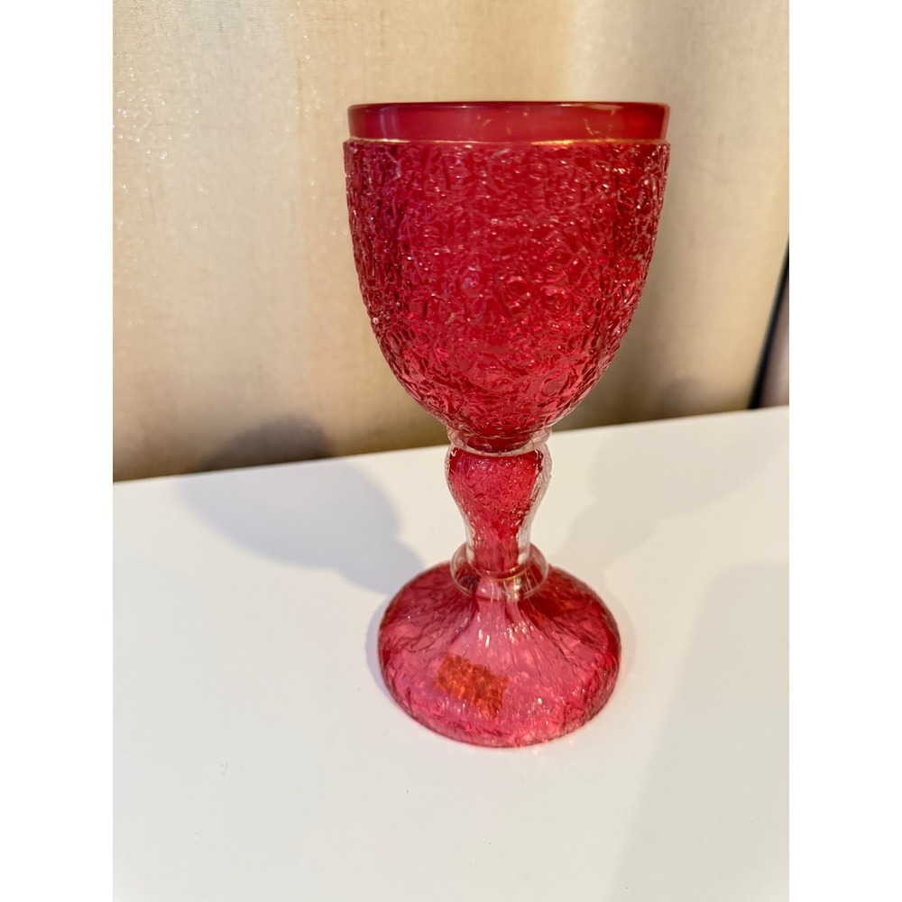 Antique 1870 Tree of Life Rose Pink Crackle Glass Communion Chalice Goblet
